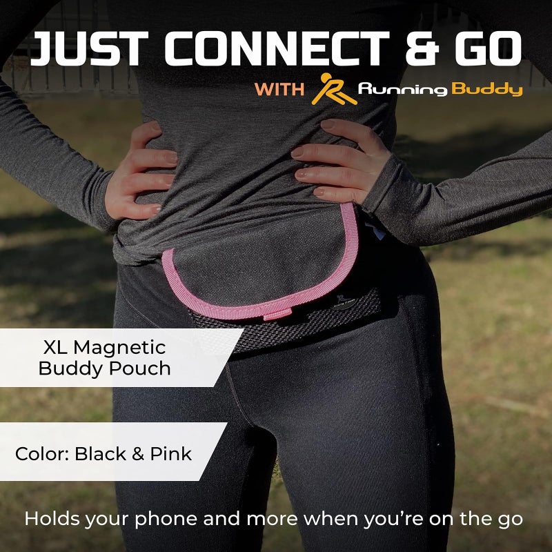 Running Buddy Magnetic Fanny Pack - Water-Resistant Belt Bag - Secure Magnetic Closure Waist Pack - Phone Belt Holder & Headphone Port - XL 6.8 x 4 in, Black/Pink - Image 2
